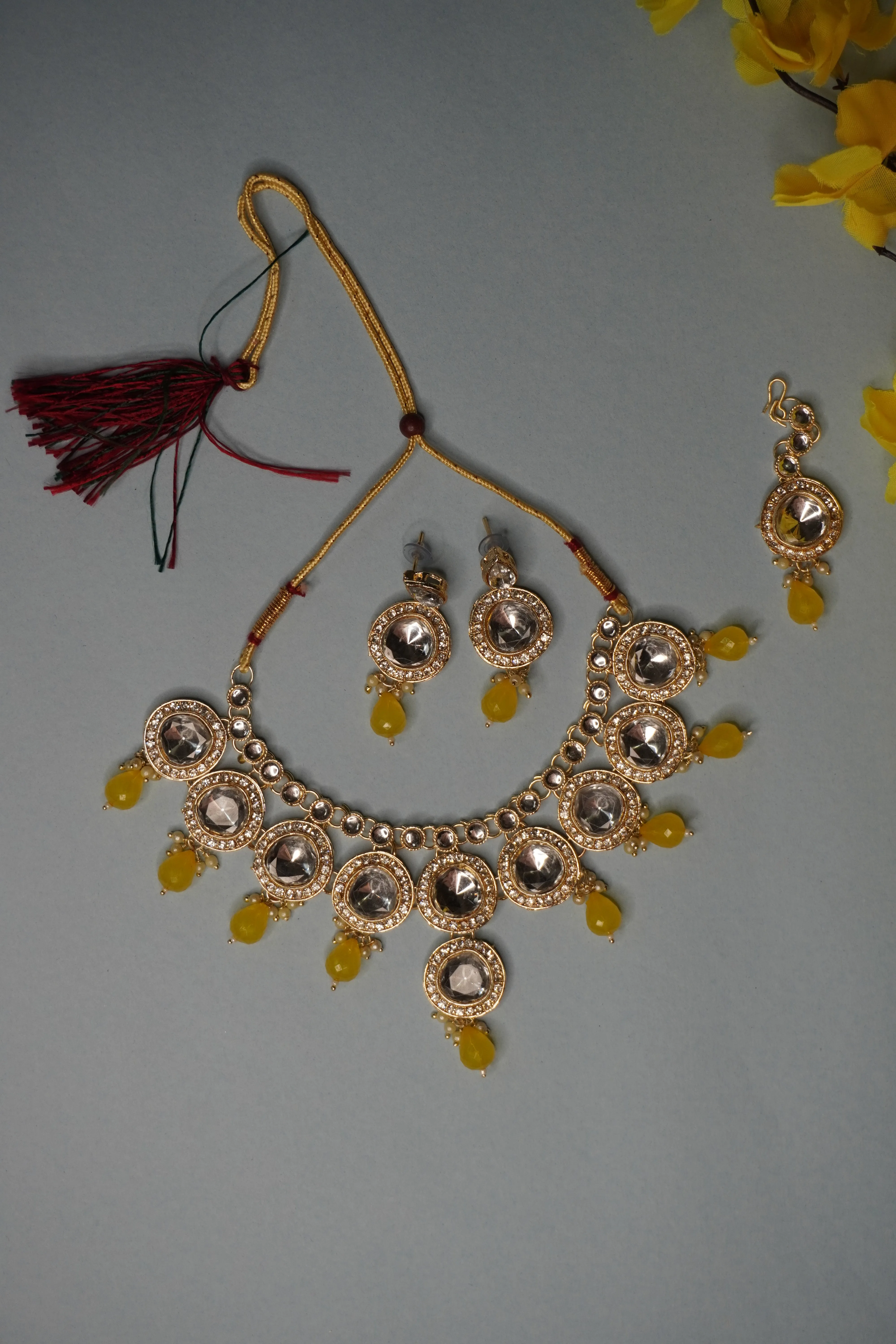Yellow Colour Kundan Necklace with Earring & Maang Tikka